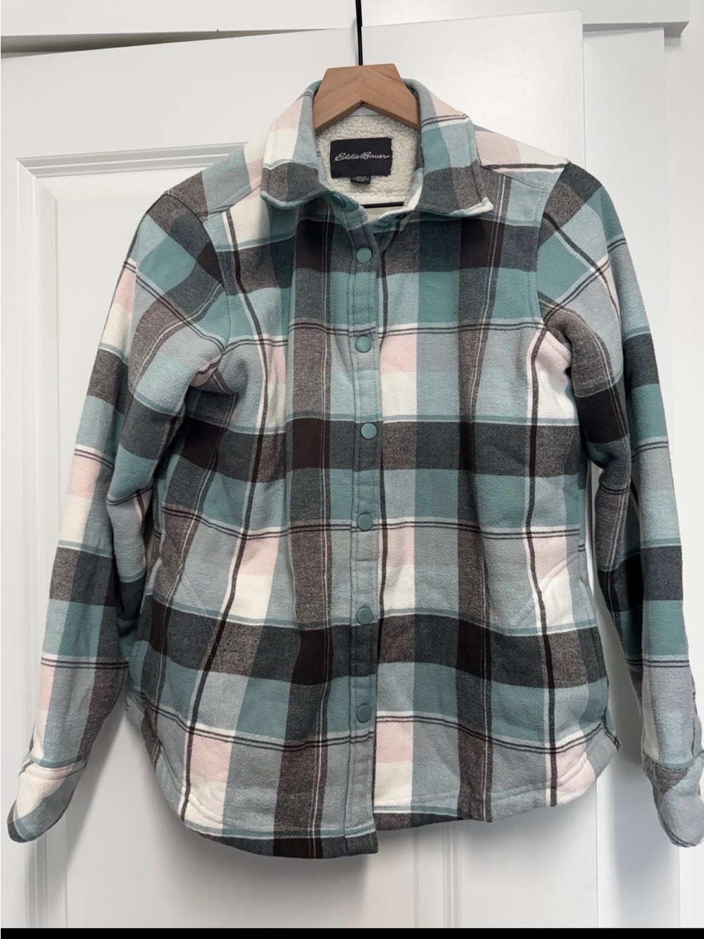 Eddie Bauer Plaid Snap-Front Fleece Shirt Jacket - Teal/Gray